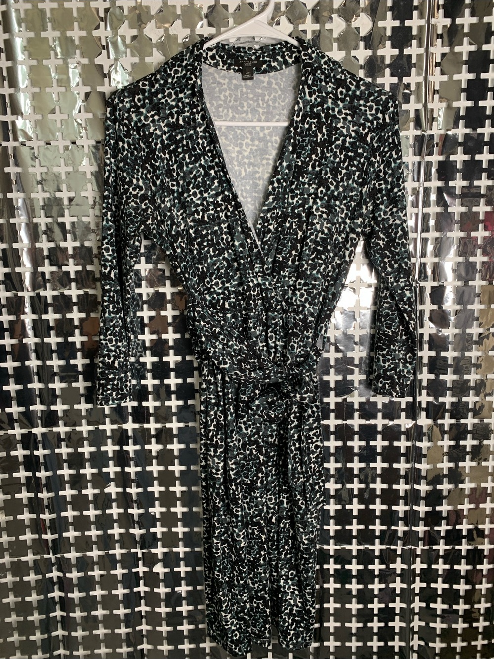 Ann Taylor Black and Teal Abstract Midi Wrap Dress